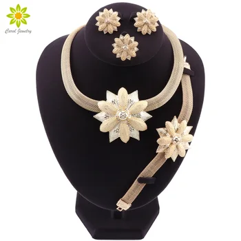 

Gold Color African Wedding Jewelry Sets Fashion Necklace Earrings Ring Bracelet Crystal Jewelry Charms Flower Shape Jewelry Set