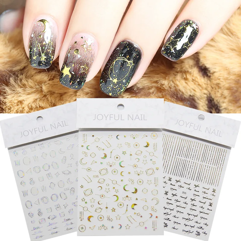 Gold Silver Circle Nail Stickers Hollow Geometry Line 3D Nail Art Sticker Adhesive Slider Sticker Star 2