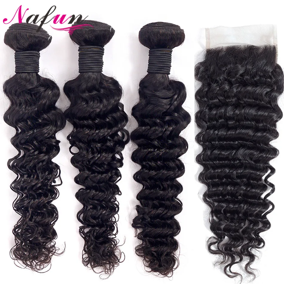 

NAFUN Hair Brazilian Deep Wave Human Hair 3 Bundles With Lace Closure Natural Color 4Pcs Non Remy Hair Extension Free Shipping