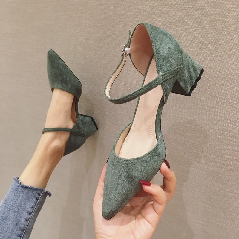 

8891 Europe And America 2018 New Style Spring Shoes Simple Straight-line Buckle Suede Chunky Heel Pointed Kitten Heels Hallow Sh