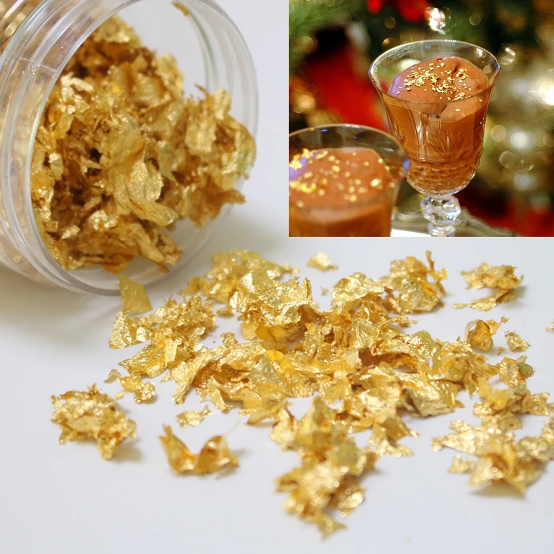 24K Gold Leaf Sheets Flakes Genuine Edible Glitter Gold Powder for Food  Drink Dessert Cake Decoration Premium Gold Flakes 0.1g