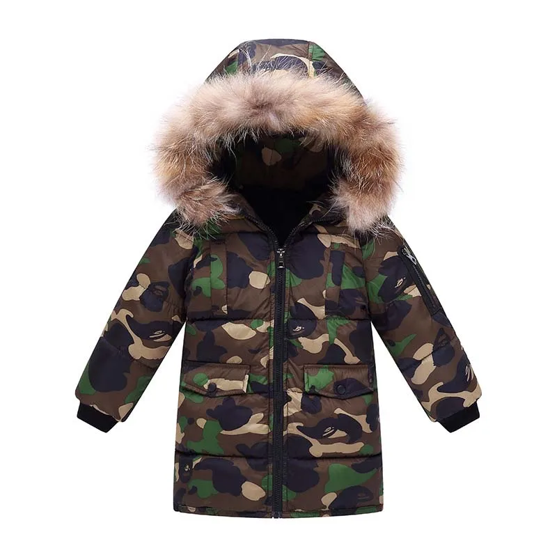 Детское пальто высокого качества для мальчиков зимние комбинезоны для детей парка мех средней длины воротник камуфляжная одежда для девочек 8 лет