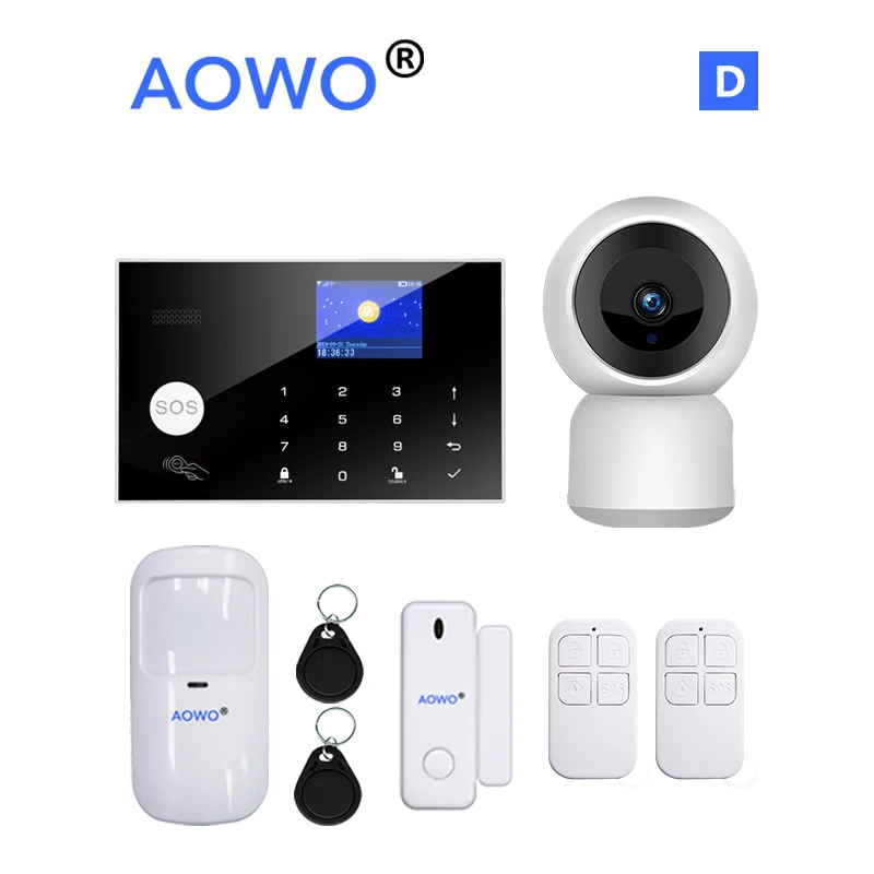 Tuya WiFi GSM Wireless Home Security Alarm with LCD Touch Keypad RFID Amazon Alexa Google Home IP Camera Remote control Monitor