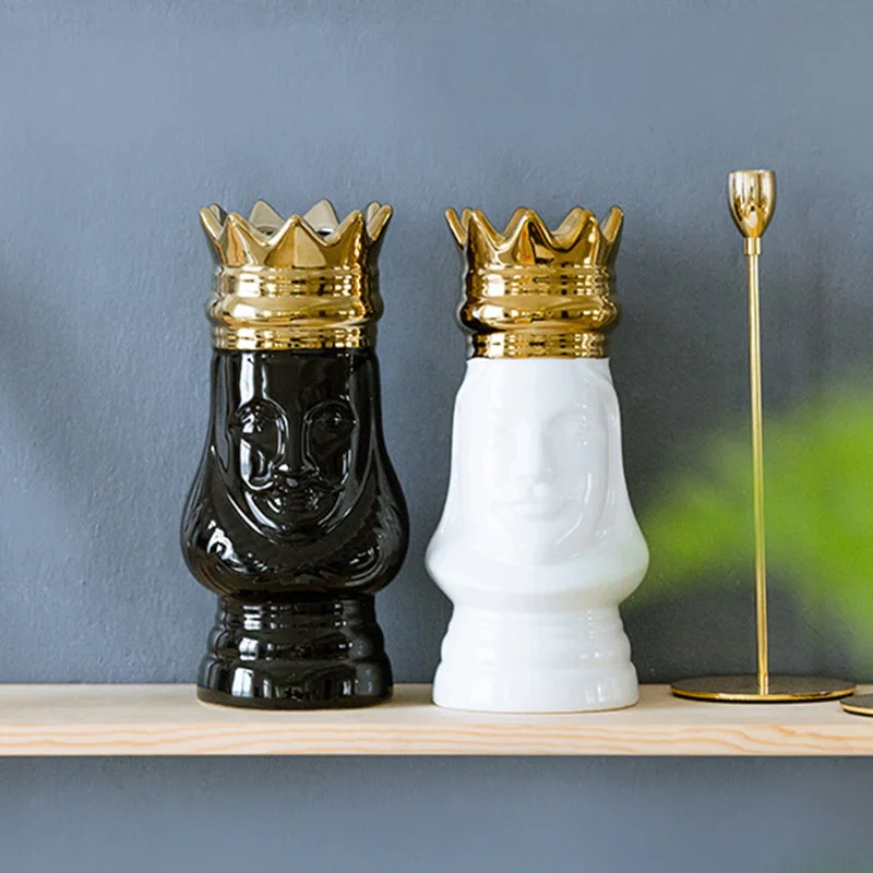 

King and Queen Tabletop Vase Gold Golden Crown Light Luxury Decorative Flower Pot Flower Arrangement Bottle Art Ceramic Craft