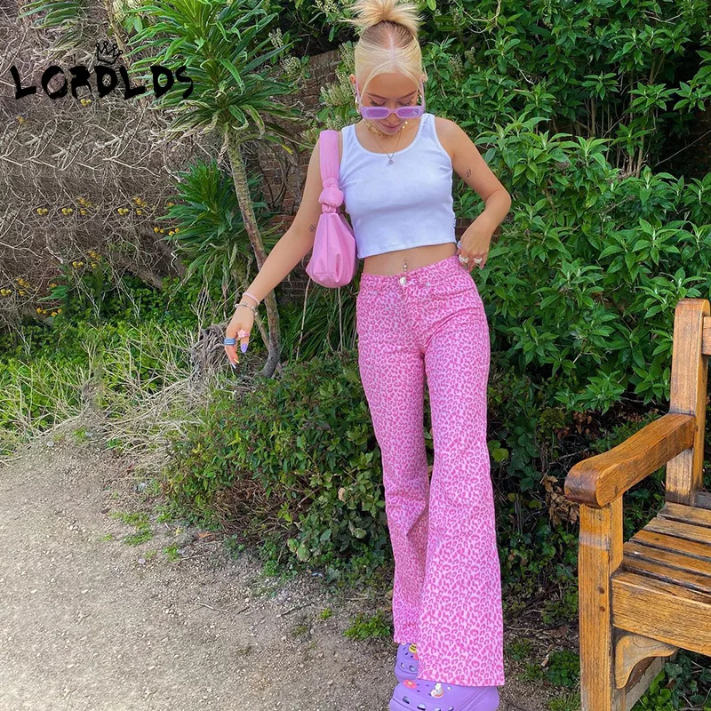 Lordlds Woman Denim Pants Pink Leopard 