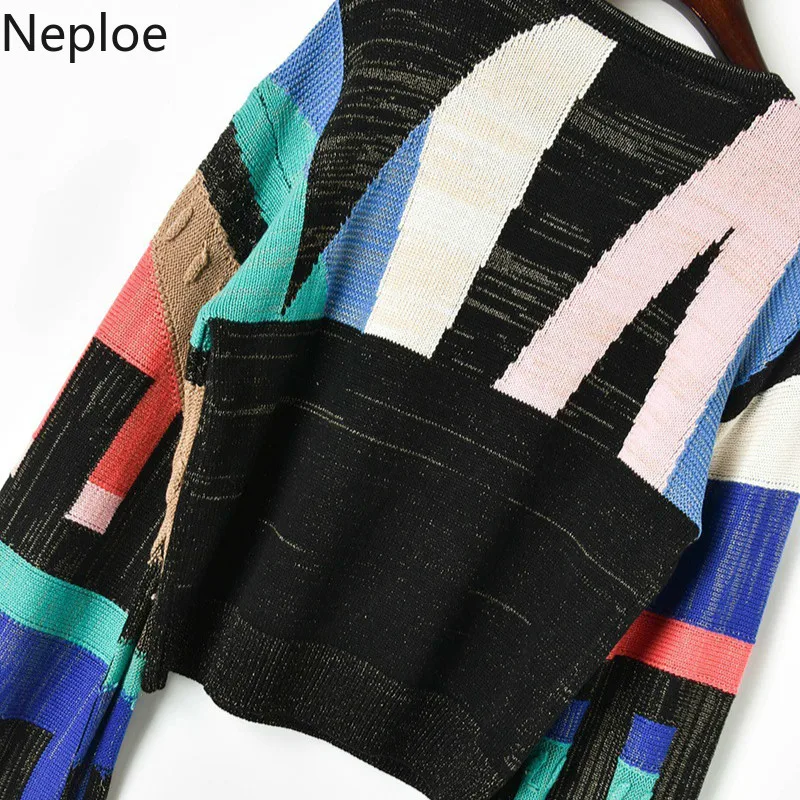 Neploe корейский небольшой аромат абстрактный геометрический цвет матч свитер для женщин с круглым вырезом рукав колокол пуловеры осенний Топ 46087