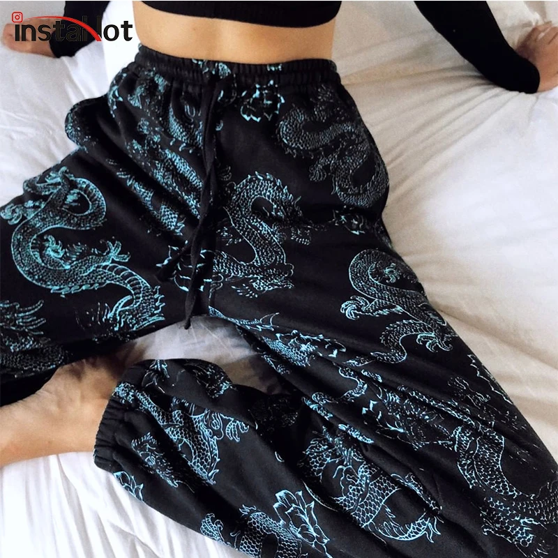 

InstaHot Dragon Printed Sweatpant Cotton Women Drawstring Vintage Trousers Casual High Street Cargo Pant Jogger Women pantalon