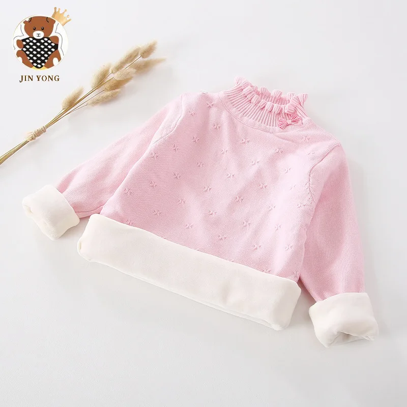 

Plus Velvet Bow GIRL'S Sweater Baby Warm Base Shirt CHILDREN'S Sweater Autumn And Winter New Style 2019