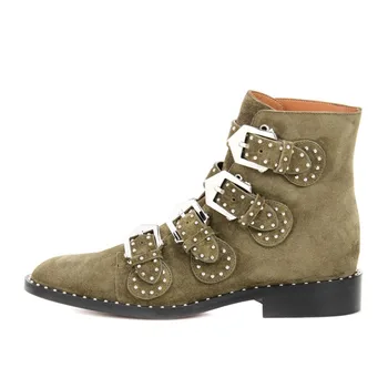 

Fashion Luxury Brand Rivet Women Boots Classics Belt Buckle PU High Heels Neutral Round Toe Solid Platform Shoes Botines Mujer