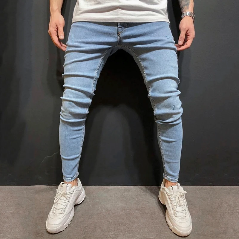 Men Pencil Pants 2019 Scratched Skinny Jeans Casual Slim Fit Stretch Denim Pants Elastic Waist High Quality Jean