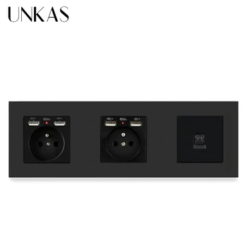

UNKAS Black PC Plastic Panel Double French Standard Wall Power Socket with 4 USB Charging Port + RJ11 Telephone Connector