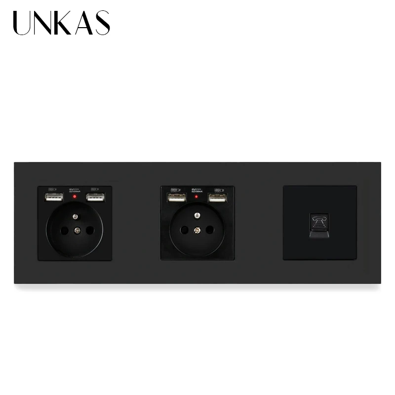 Двойная французская стандартная настенная розетка UNKAS из Черного поликарбоната