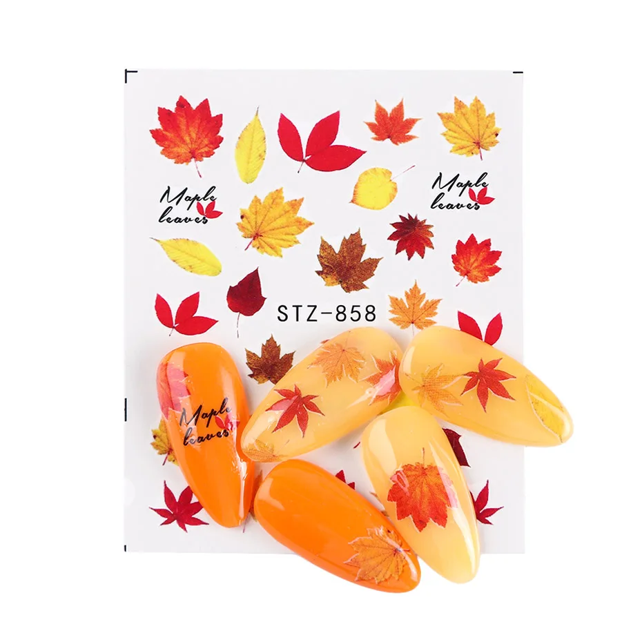 1 шт наклейки для дизайна ногтей с осенними листьями Золотой желтый кленовый лист Водные Наклейки слайдеры фольга осенний дизайн для маникюра TRSTZ856-859 - Цвет: STZ-858