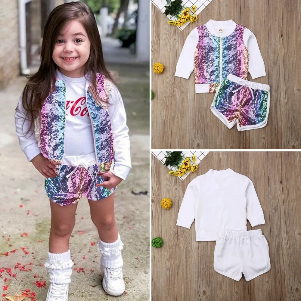 US Toddler Kid Baby Girl Clothes Fall Sequins Pullover Tops Jacket Shorts Outfit Children Set 2pcs | Детская одежда и обувь