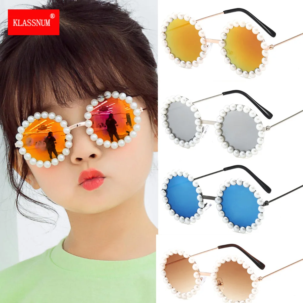 1PC Brand Kids Sunglasses Metal Round Pearl Girls Childrend Sun Glasses Gafas De Sol UV400 Gray Pink Red Lens Fashion