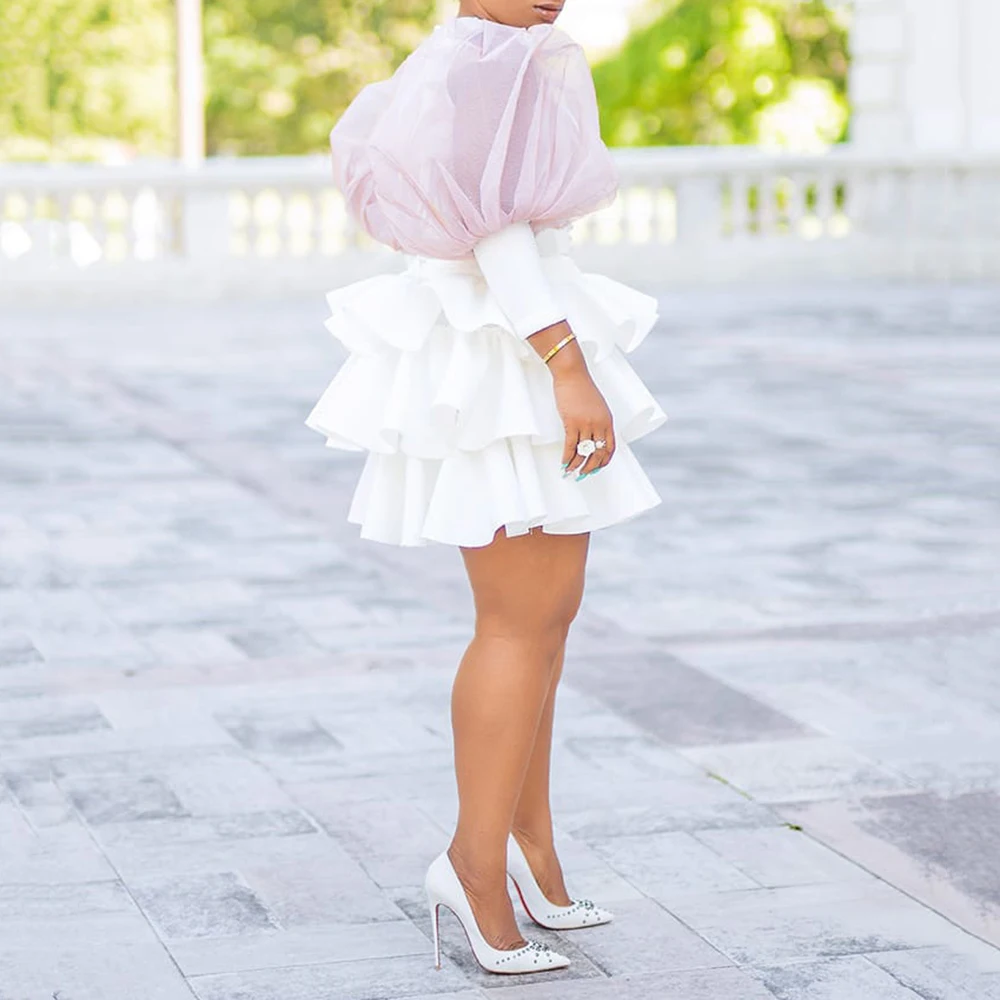 Best Price hl6Mb Women Dress Party Club White African Ruffles Mini Female Dresses Robe Falbala Mesh 2019 Lantern Sleeve High Waist Femme Vestiods