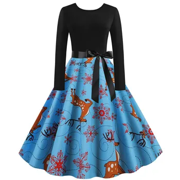 

Fashion Women Long Sleeve Christmas Dress 2019 Autumn Winter Elegant Vintage Black Patchwork Print Party Dress Robe Plus Size