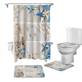 

Collage Beach Shells Starfish Bottles Shower Curtains Set Bath Mat Set Toilet Cover Waterproof Shower Curtain Set Bath Mats Rugs