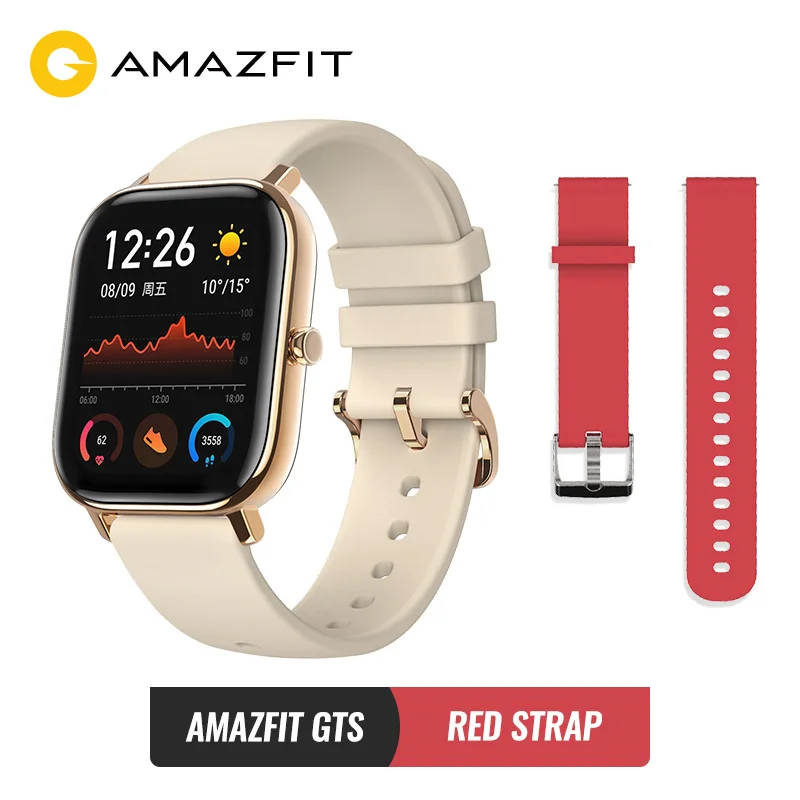 Глобальная версия Amazfit GTS, Смарт-часы, умные часы, gps, спортивные часы для бега, пульсометр 5 АТМ, водонепроницаемый браслет, AMOLED экран - Цвет: Gold add red str