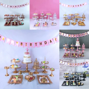 

13pcs mirror crystal metal round gold cake stand plate for wedding exhibion Fruit Tray dessert table cupcake rack set