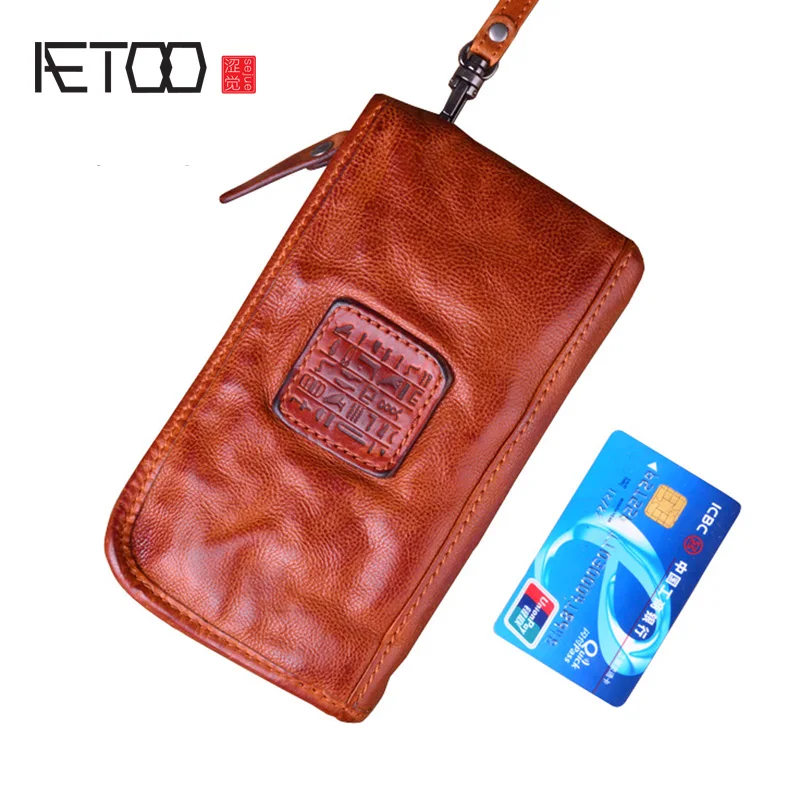 

AETOO Real Cow leather Men Wallets Genuine Leather Long Purse For Men Zipper Large Capacity Card Holder Men Purse Wrinkle bag