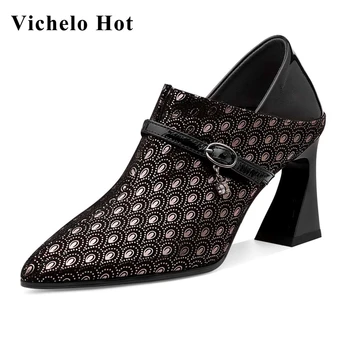 

Vichelo Hot French romantic genuine leather pointed toe high heels buckle decoration mature lady streetwear classic pumps L0f7