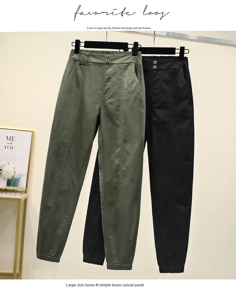 High Waist Plus Size Casual Loose Broadcloth Elastic Waist Ankle-length Army Green Black Trousers Women Cargo Pants Women 11701 capri sweatpants