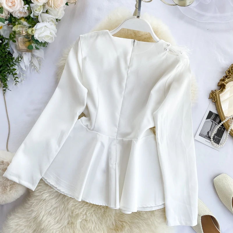 Foamlina элегантная женская блузка рубашка из искусственного пера кисточки вышивка бисером рубашка с длинным рукавом Осенняя Женская белая черная баска рубашка блузка