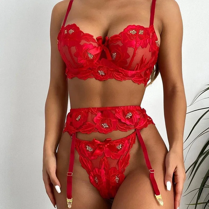 Sexy Sensual Lingerie, Floral Embroidery, Underwire Erotic Underwear, Short Skin Care Kit, Garters, Red Briefs Sets