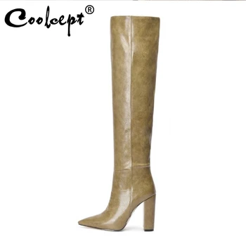 

Coolcept 7 Colors Women Winter Long Boots Fashion Serpentine Pointed Head Knee Boots High Thick Heels Warm Footwear Size 34-44