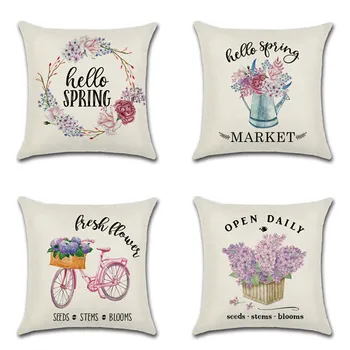 

2020 New 45*45cm Hello Spring theme Cushion Cover Flower Wreath Bicycle Printed Pillowcase Home Sofa Car Decoration funda cojin