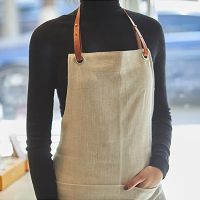 

Cotton Linen Apron Cowhide Neck Strap Restaurant Cafe Barista Bartender Pastry Chef Uniform Florist Artist Shop Workwear B30