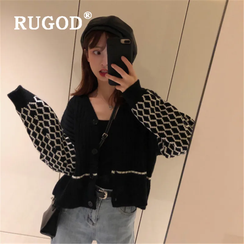RUGOD Contrast Color Stitching Knitted Cardigan V-neck Sweater Winter Tops For Women Elegant Korean Style Knitwear Fashion 2019 |