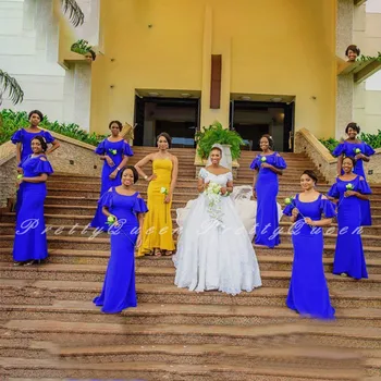 

2020 Off Shoulder Mermaid Bridesmaid Dresses With Short Sleeves Royal Blue Long Wedding Party Dress Vestido De Fiesta De Boda