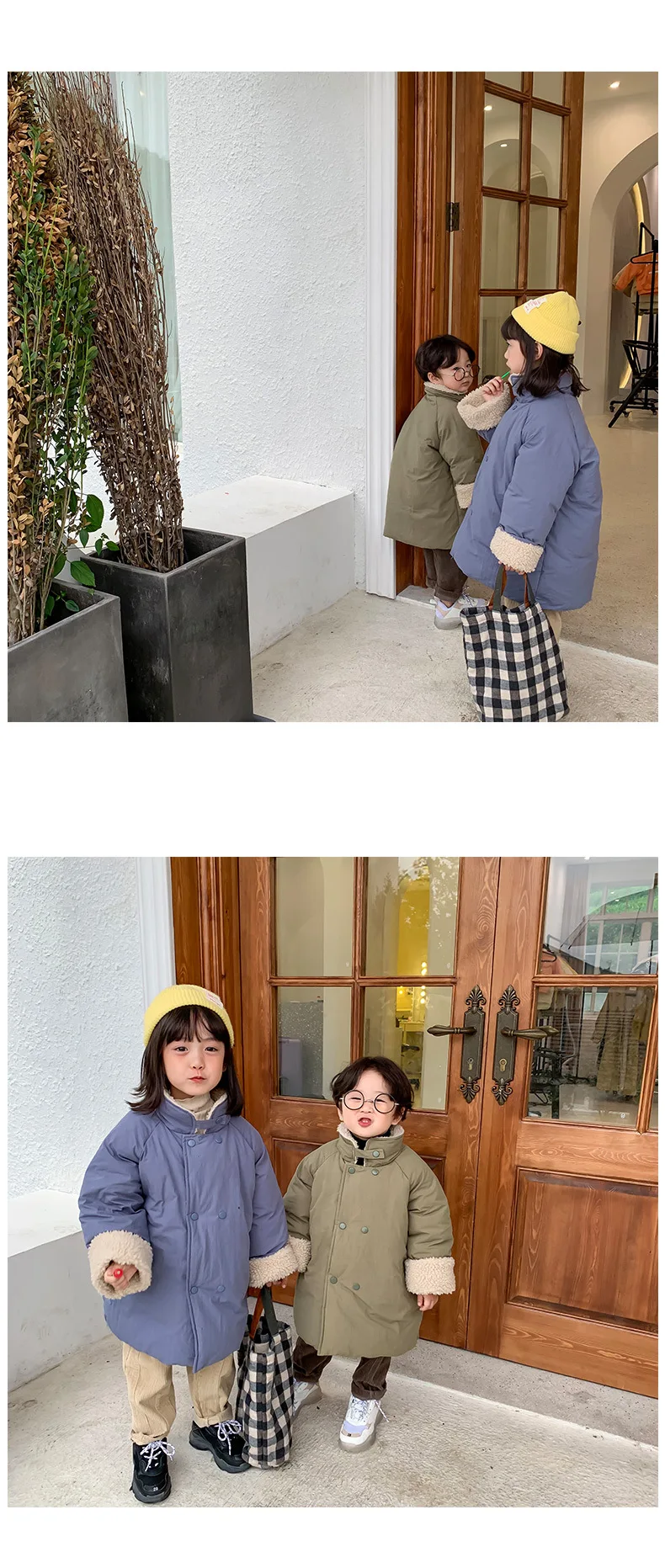 Ins/зимнее детское теплое пальто для мальчиков и девочек хлопковая детская утепленная длинная куртка с воротником из овечьего меха Верхняя одежда для детей в японском стиле