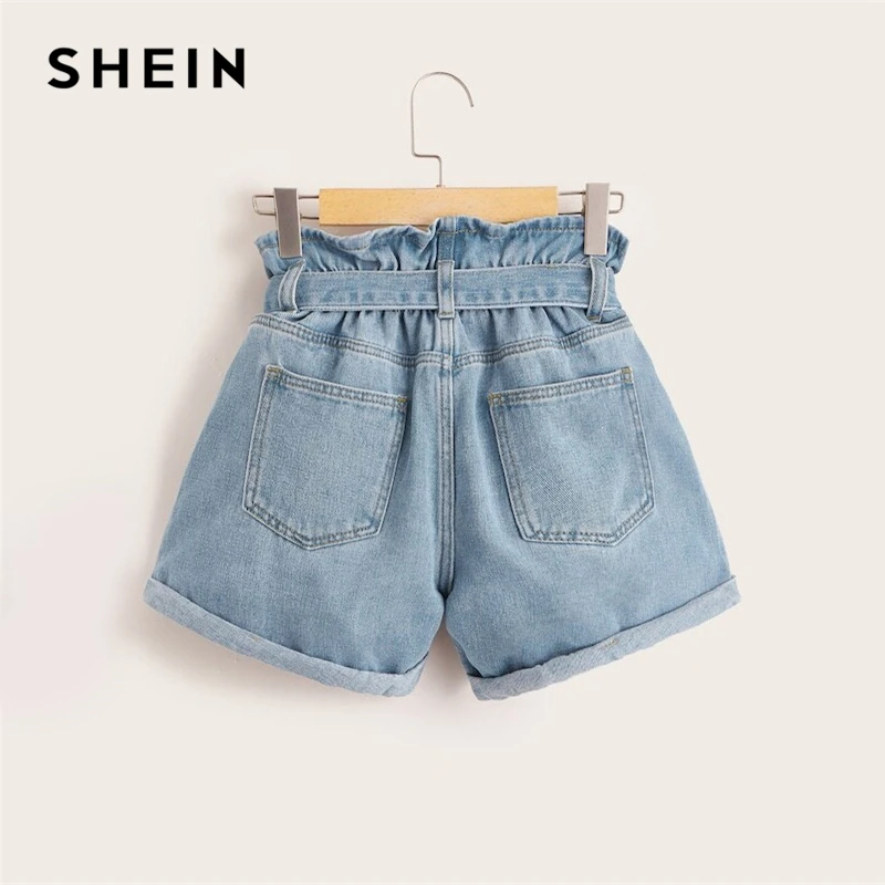 Shein Plus Size Blue Belt Paper Bag Waist Ripped Roll Hem Denim