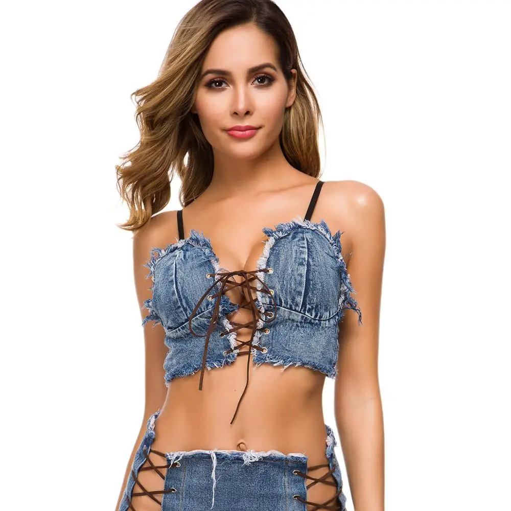 Sexy Crop Top Women Denim Jeans Bra 