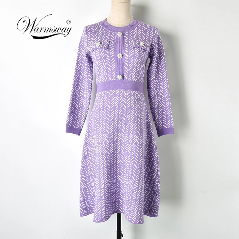 

Women Sweater Dresses for Winter 2019 Elegant Buckle Diagonal Striped O-Neck Empire Midi Knit Dress A-line Long Sleeve C-361