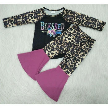 

Baby clothes leopard print long sleeve shirt top raglan bell bottoms pants dark pink color blessed print girls outfits clothing