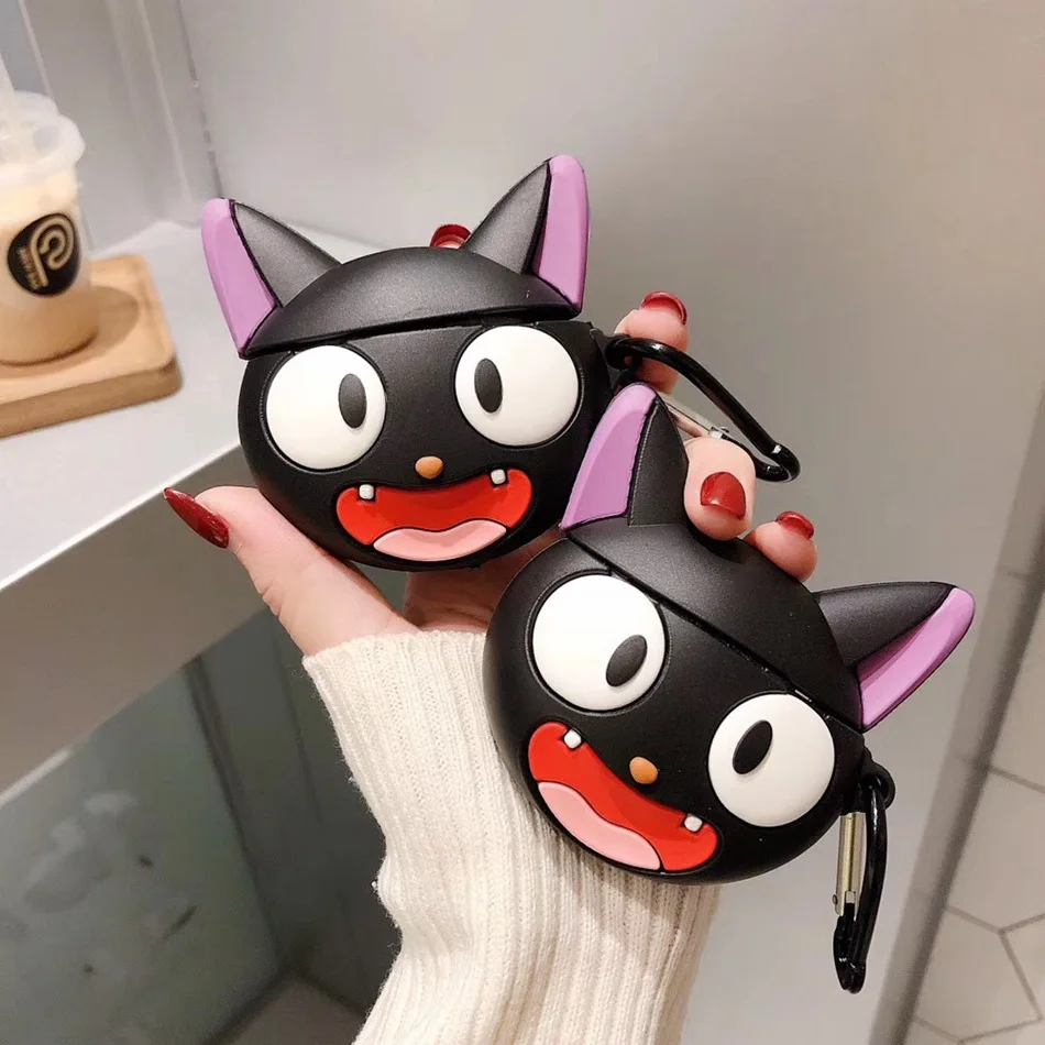 Для AirPods чехол 3D игривый Черный кот Jiji чехол для наушников для Airpods 2/i10/i11 TWS Защитная крышка с крючок карабина