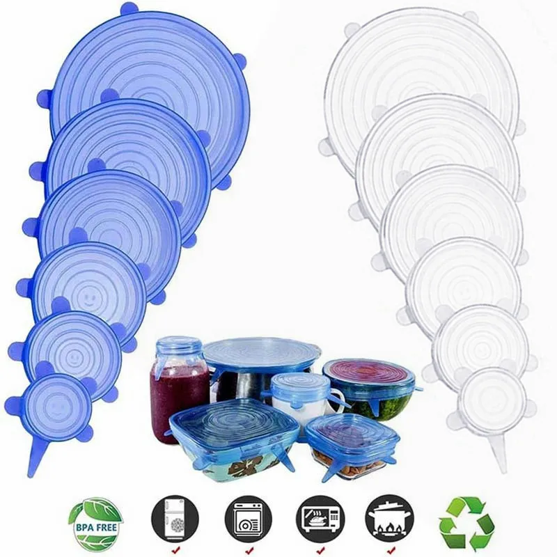 6 Pcs Silicone Lids Reusable Food Packaging Cover Silicon Fresh-Keep Sealing Cap Vacuum Stretch Tapas Silicona Adaptables | Дом и сад