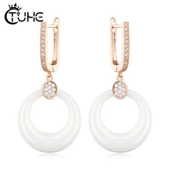 

Fashion 585 Rose Gold Ceramic Crystal Wedding Earrings For Women Round Black White Ceramic Rose/White Gold Engagement Earring