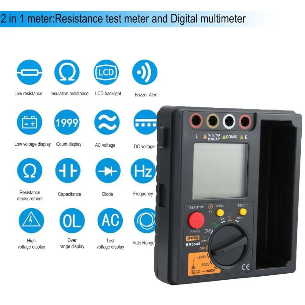 SZBJ BM3548 Измеритель сопротивления 2 в 1 Цифровой Измеритель Сопротивления Изоляции Мультиметр Мегаомметр Ом Тест er