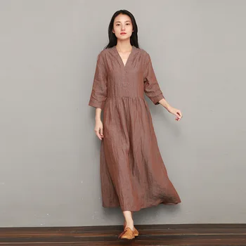 

2019 xia kuan Women Flax Yarn-Dyed V-neck Lace Temperament Commuter Dress Robes