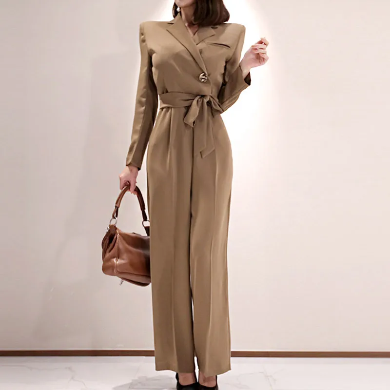 

Autumn Sashes Solid Notched OL Office Female Cloth Casual Loose Long Jumpsuits Women's Overalls