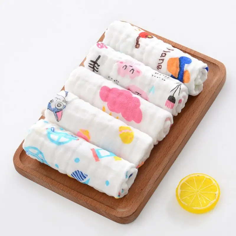  10 Pcs/Set Cotton Baby Muslin Washcloth with Printed Design Newborn Handkerchief Gauze Infant Face 