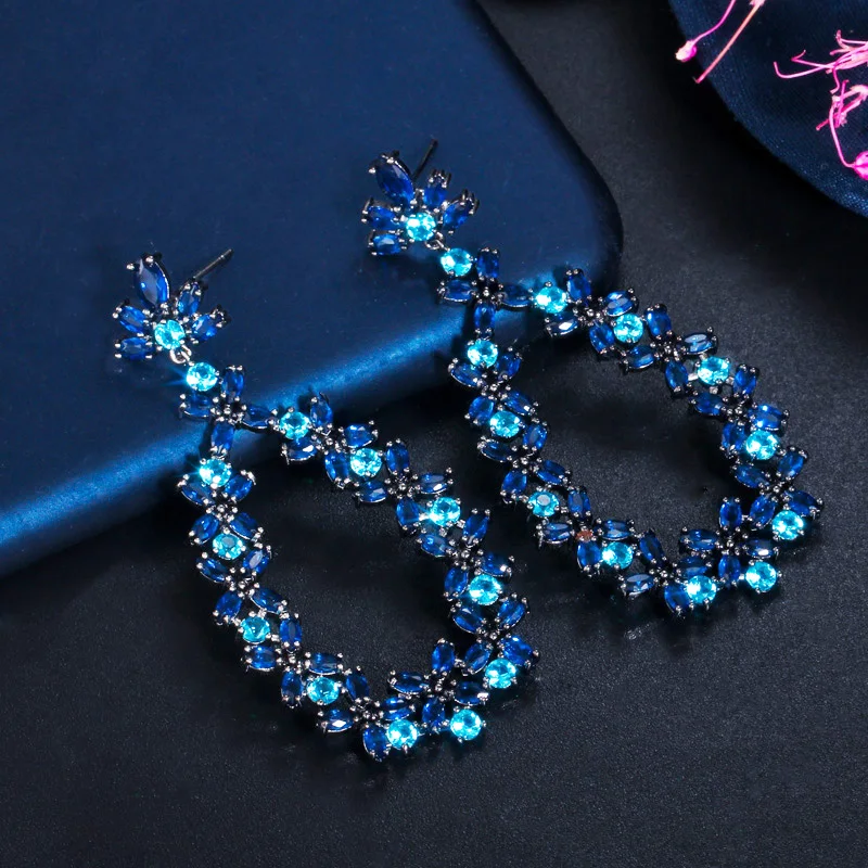 CWWZircons Drop Dangle Cluster Flower Leaf Dark Blue Cubic Zircon Crystal Long Party Earrings for Women Designer Jewelry CZ733