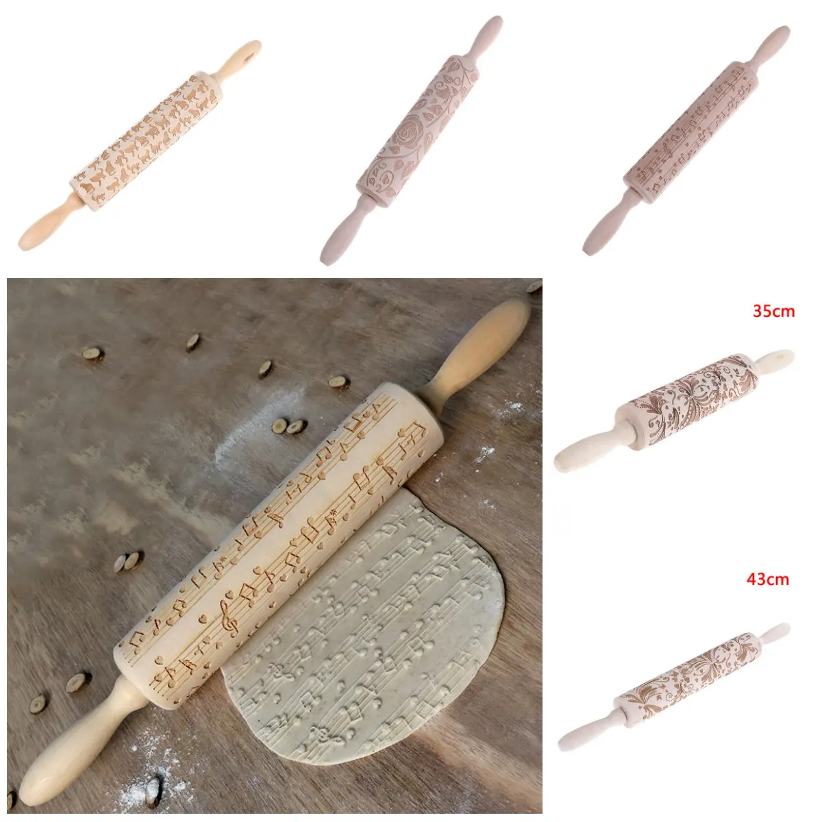 1PC Rose Flower Cat Music Note Embossing Rolling Pin Baking Cookies Noodle Biscuit Fondant Cake Dough Engraved Roller Kitchen