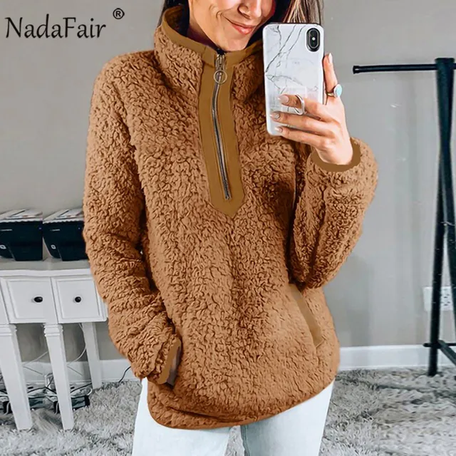 US $14.02 Nadafair Casual Oversized Fluffy Hoodie Women Christmas Zip Up Faux Fur Winter Fleece Sweatshirt Ho