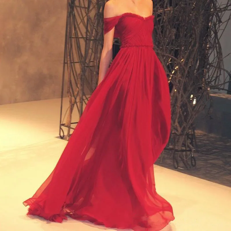 

Cheap Customized vestido de noiva Red Floor Length Party Off Shoulder boat neck Chiffon Prom Formal Gown 2018 bridesmaid dresses